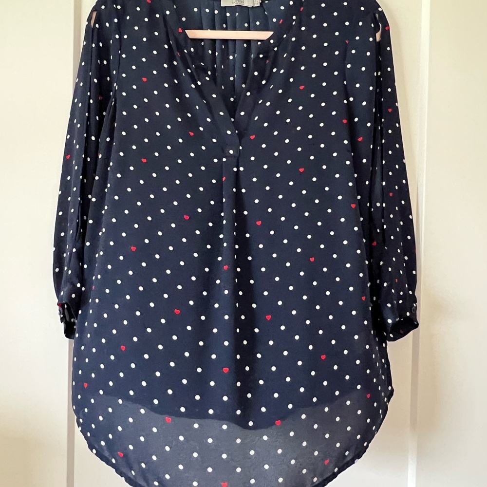 Dalia Blue and White 3/4 Sleeve Blouse with Mandarin Collar